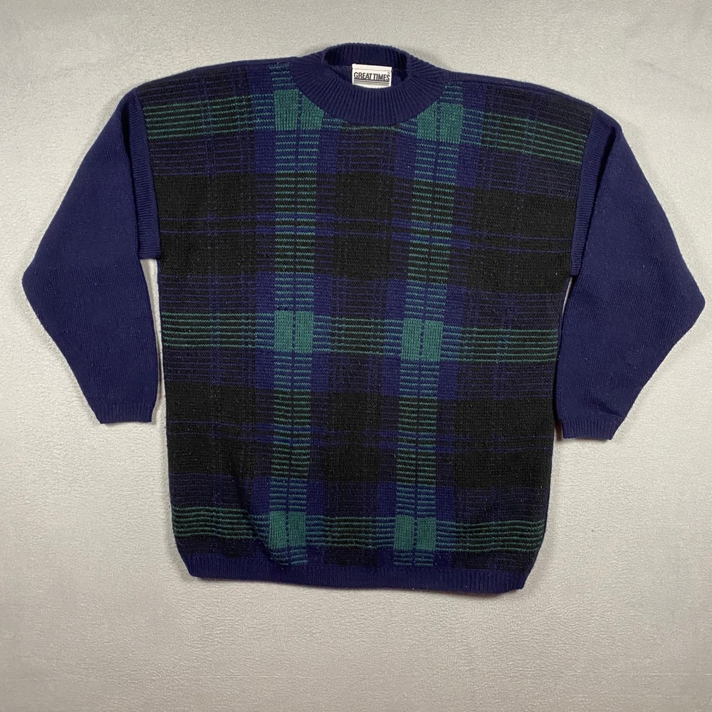 Vintage Great Times Plaid Sweater Womens Medium 3/4 Sleeve Knit Made in USA